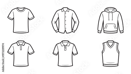 Set of six men casual clothing black and white outline vector icons isolated on light background.