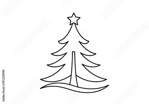 Christmas tree line art drawing with star topper and wavy ground base with minimalist drawing