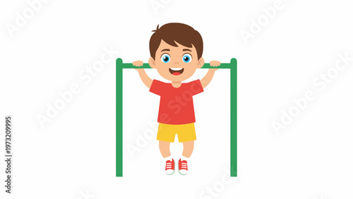 Boy Hanging on Pull Up Bar Illustration Isolated on White