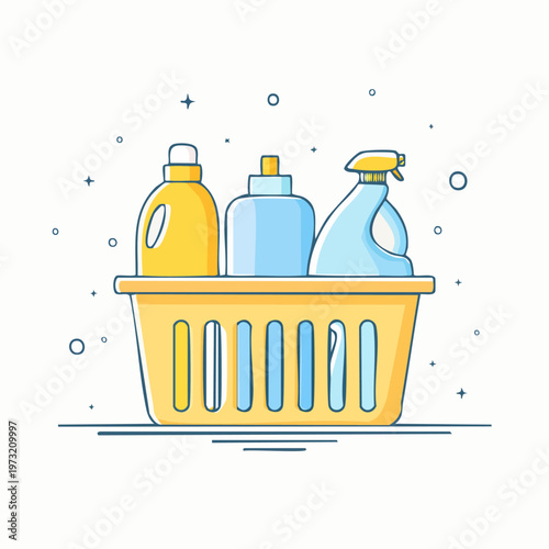 Laundry basket with cleaning supplies.