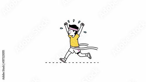Runner Boy Crossing Finish Line Ribbon Vector Illustration