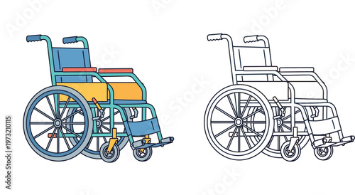 Manual Wheelchair Vector Illustration Set with Colored and Line Art Versions for Medical Accessibility, Healthcare, Disability Support, and Coloring Book Design