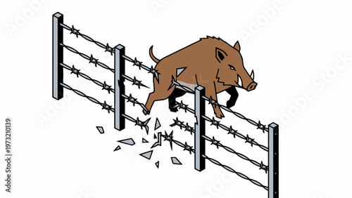 Wild Boar Breaking Through Barbed Wire Fence Isometric Vector