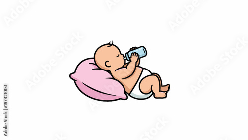 Baby drinking from milk bottle on pink pillow vector illustration