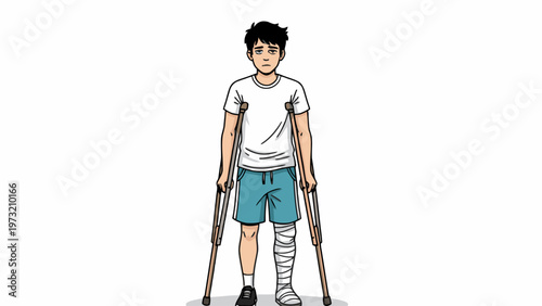 Injured man with broken leg using wooden crutches on white background