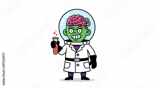 Alien Scientist with Exposed Brain Holding Test Tube on White