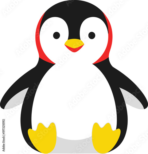 A stylized penguin with a red collar detail sits in a simple pose, its round body and bright beak conveying a friendly and approachable personality.