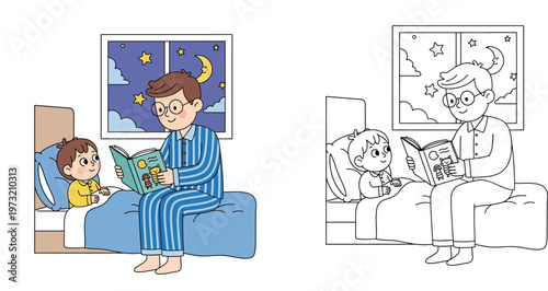 Father Reading Bedtime Story to Son with Night Sky View, Including Colored Illustration and Black and White Line Art Coloring Page for Kids