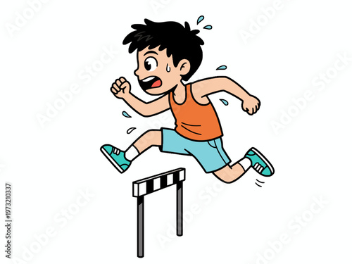 Cartoon boy athlete jumping over a hurdle race