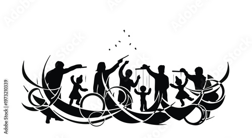 Silhouettes of various people, including adults and children, are depicted dancing and celebrating with confetti in a dynamic, joyful composition.