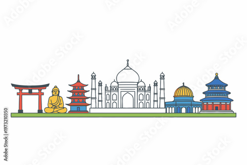 Asian landmarks and religious monuments vector line art set