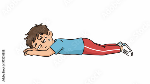 Tired boy lying on stomach feeling exhausted on white background