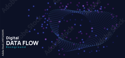 Digital Data Flow Background with Fluid Wave Mesh and Floating Particles, Futuristic Technology Visualization for AI, Big Data and Dynamic Communication Systems
