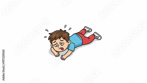 Exhausted cartoon boy lying prone and sweating on white background