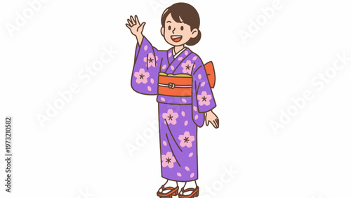 Japanese Woman in Purple Floral Kimono Waving Hand Illustration