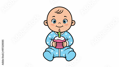 Baby Boy Holding Cupcake with First Birthday Candle Illustration
