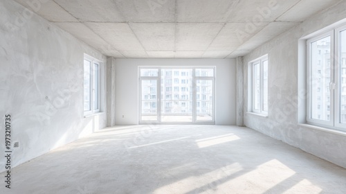 Bright Unfurnished Apartment Interior with Large Windows, Concrete Walls, and Natural Sunlight