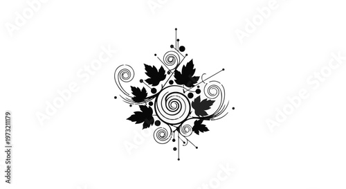 Abstract decorative design featuring black swirling lines, dots, and stylized maple leaves, arranged symmetrically on a clean white background, providing ample space for creative text overlay.