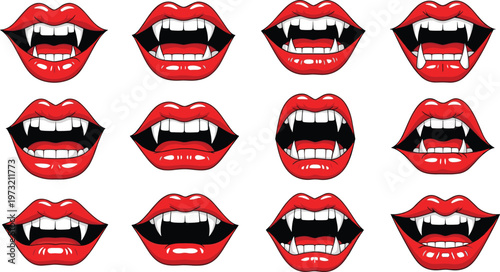 Vampire Lips and Fangs Collection Featuring Red Glossy Mouth Expressions with Sharp Teeth for Halloween Horror Character Illustration Design Set