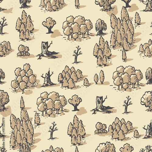 Hand drawn vintage style map illustrating a diverse forest setting with different trees, woods, and dead stumps, forming a repeating pattern ideal for backgrounds, cartography, and nature themes