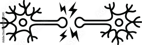 Black and white illustration of two neurons with electrical impulses