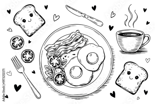 Hand drawn breakfast set with fried eggs bacon and coffee. Cute kawaii toast characters with breakfast plate and coffee cup. Doodle style breakfast with eggs bacon tomato and bread. 