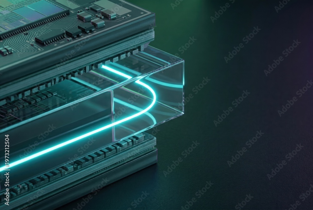 Fototapeta premium Transparent photonic interconnect channel inside semiconductor package showcasing optical data transfer low latency design and advanced chip architecture