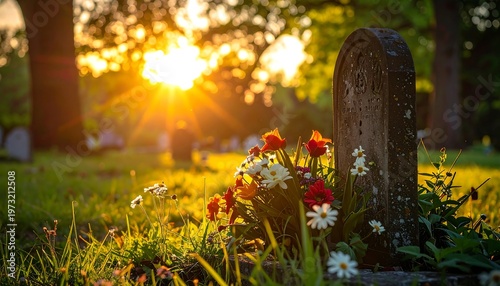 Golden Hour Sunlight Illuminates a Serene Cemetery Gravestone Adorned with Flowers.