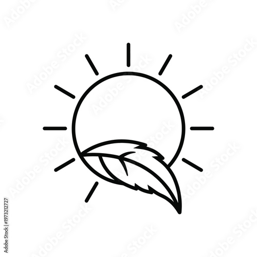 Black line drawing of a sun with a leaf in front