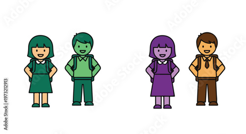 Two pairs of diverse cartoon children wearing school uniforms and backpacks, representing different groups