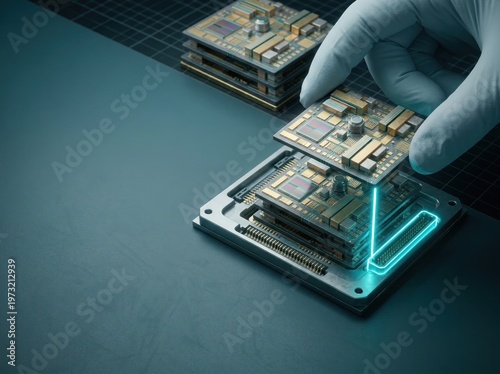 Gloved hand assembling stacked semiconductor chiplets into package showcasing precision packaging modular integration and advanced compute manufacturing