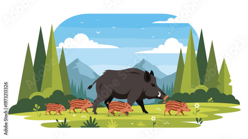 Protective mother wild boar walks across a green meadow with her four small striped piglets in a beautiful mountain landscape.