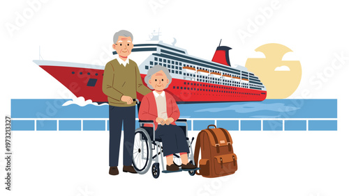 Happy elderly couple including a woman in a wheelchair prepare for a luxury vacation in front of a large red and white cruise ship.