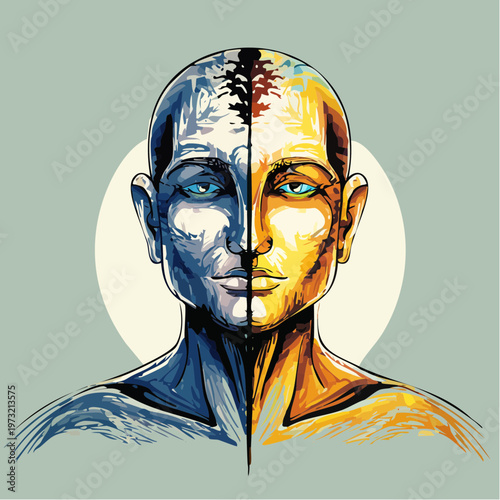 Split personality human face representing mental health and duality.