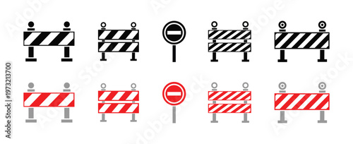 Road construction barrier icon set. Traffic barricade and no entry sign vector collection