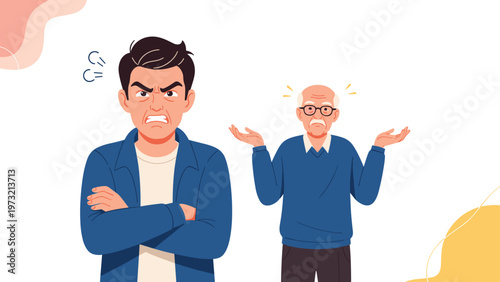 Frustrated young man stands with crossed arms in the foreground while an elderly man shrugs in confusion behind him during a dispute.