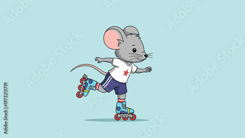 Energetic little mouse wearing a red star t-shirt and blue shorts enjoys roller skating on a bright turquoise background.