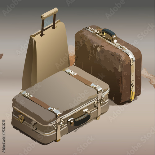 Two vintage suitcases one open and one closed showing signs of wear and travel.