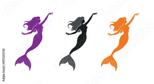 Three elegant mermaid silhouettes in purple, black, and orange gracefully swimming with flowing hair and tails