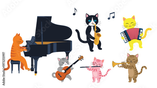 Delightful cat band featuring talented felines playing the piano, saxophone, guitar, flute, trumpet, and accordion in a musical ensemble.
