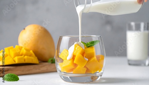 Fresh Mango Dessert Being Prepared with Cream and Mint.
