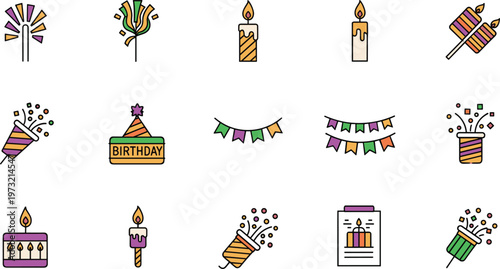 Birthday and Party Celebration Illustration Set with Fireworks, Candles, Party Decorations, and Fun Elements for Event and Celebration-Themed Designs