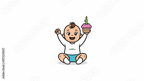 Baby boy character celebrating first birthday with cupcake