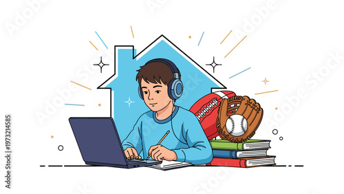 Diligent schoolboy wearing headphones works on his laptop at home with sports equipment and books nearby reflecting a balanced lifestyle.