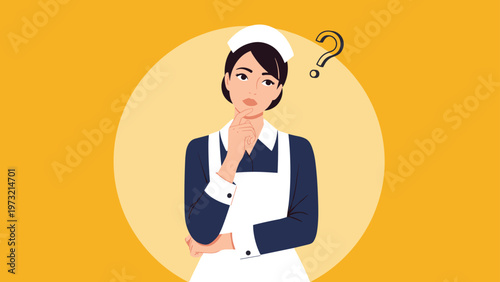 Professional nurse wearing a traditional blue uniform and white apron looks thoughtful and puzzled with a question mark above her head.