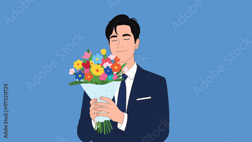 Handsome man in a smart navy blue suit closes his eyes with a peaceful smile while holding and smelling a vibrant colorful flower bouquet.