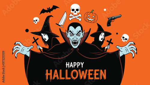 Spooky halloween scene with vampire reaching out surrounded by witches, skulls, bats, and a jack-o-lantern on orange.