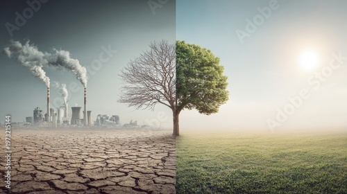 Split image showing environmental contrast between industrial pollution and a healthy green landscape under sunlight
