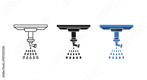 Three different icon styles representing a sprinkler head spraying water droplets for irrigation or fire suppression
