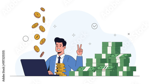 Successful businessman at his laptop showing a peace sign while gold coins fall and stacks of cash pile up high.